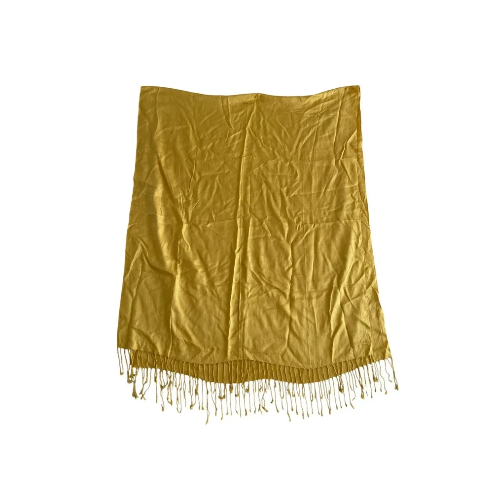 Mustard Yellow Pashmina Wrap Scarf with Knotted Fringe Trim Soft Shawl